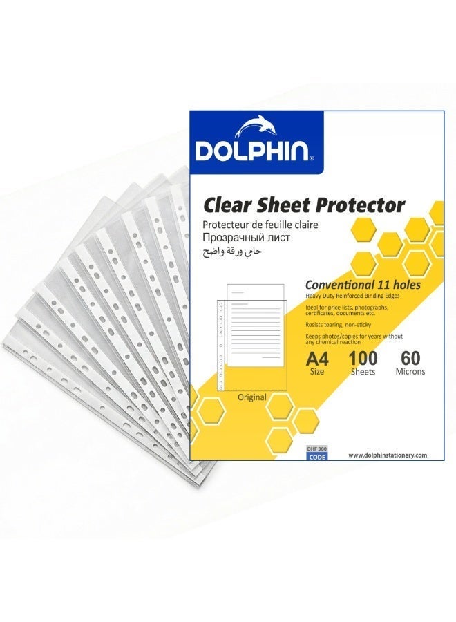 Dolphin 100 Pcs A4 Sheet Protectors, Transparent Clear PP Plastic Sleeves, 60 Micron Tear Resistant Document File Covers - Image 1